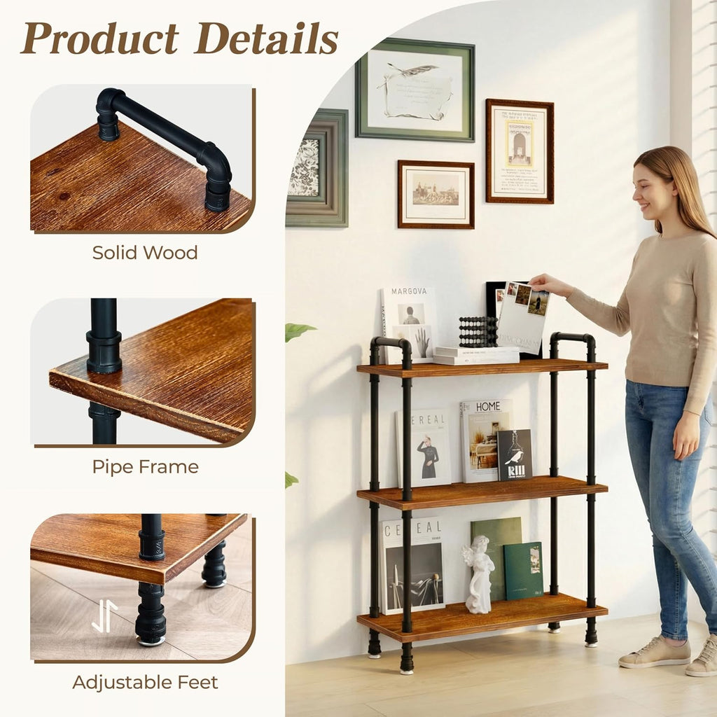 Industrial Bookshelf, Rustic Open Bookcase, 3 Tier Wood and Metal Bookshelves, Solid Pine Wood and Iron Pipe Storage Shelf Narrow Small Space Organizer for Living Room Office Bedroom Kitchen