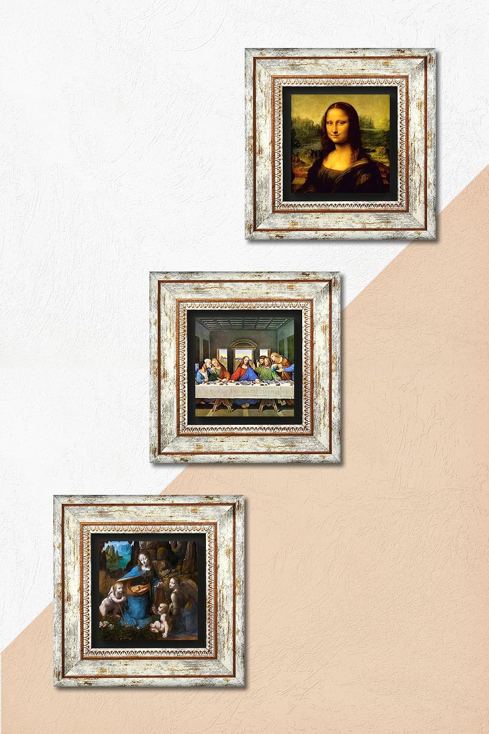 Stone Wall Art Set Framed Da Vinci's Last Supper, Virgin of the Rocks, Mona Lisa, Stone, White Color, Classic Theme, 3 Piece Set, Wall Decor - Multicolor, 20 cm