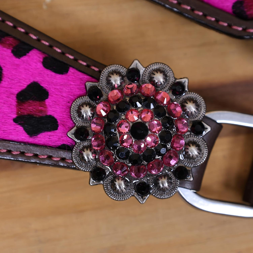 Cheetah Headstall & Breast Collar Tack Set – Gladiator Style with Leopard Print on Leather | Genuine Argentine Cow Leather | Antique Nickel Hardware & Copper Rivet Buckles