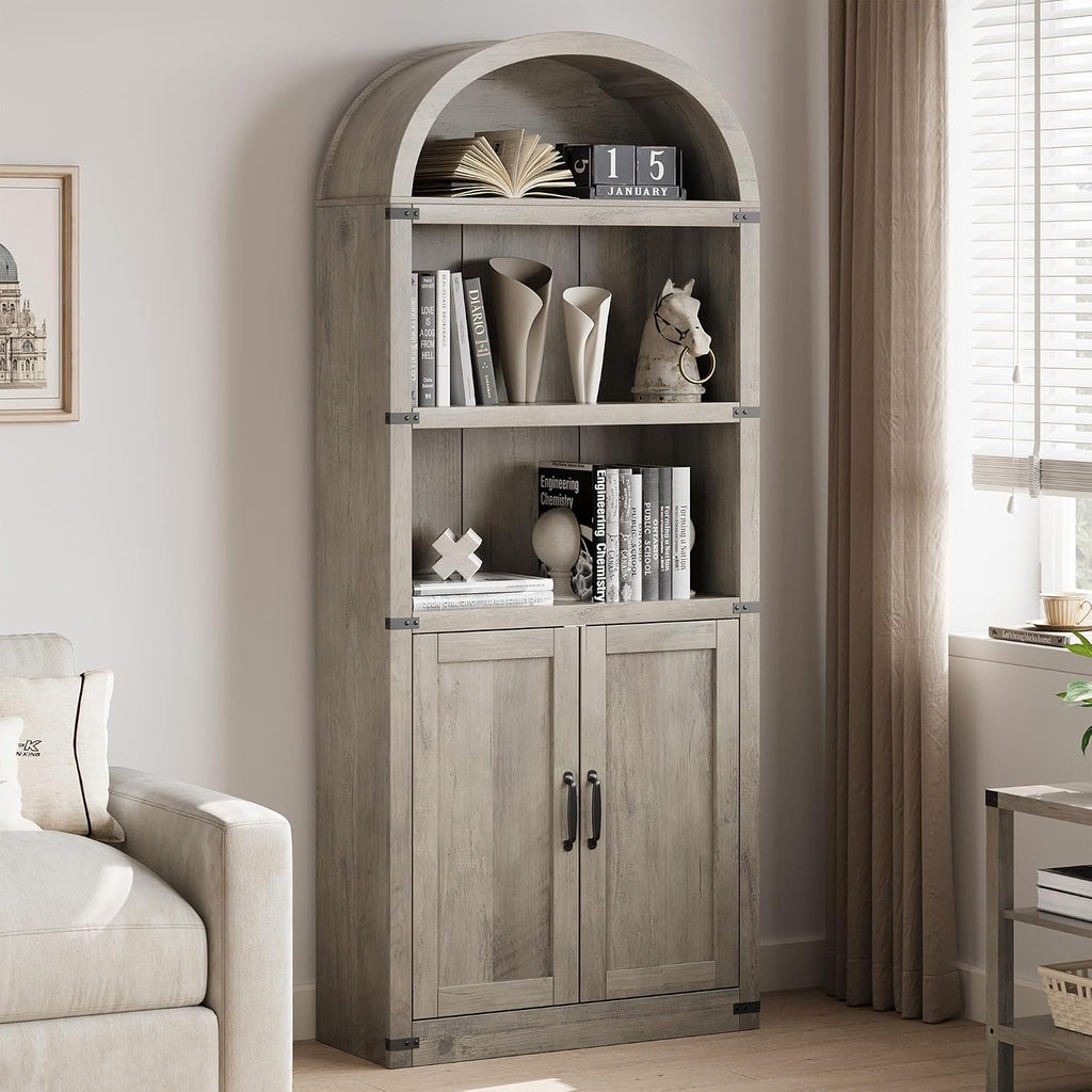 GarveeHome Bookcase with Doors Arched Bookshelf 71.65 in Tall Bookcase Farmhouse Cabinet with Shelves Wooden Bookshelves for Home Office, Living Room (Grey)