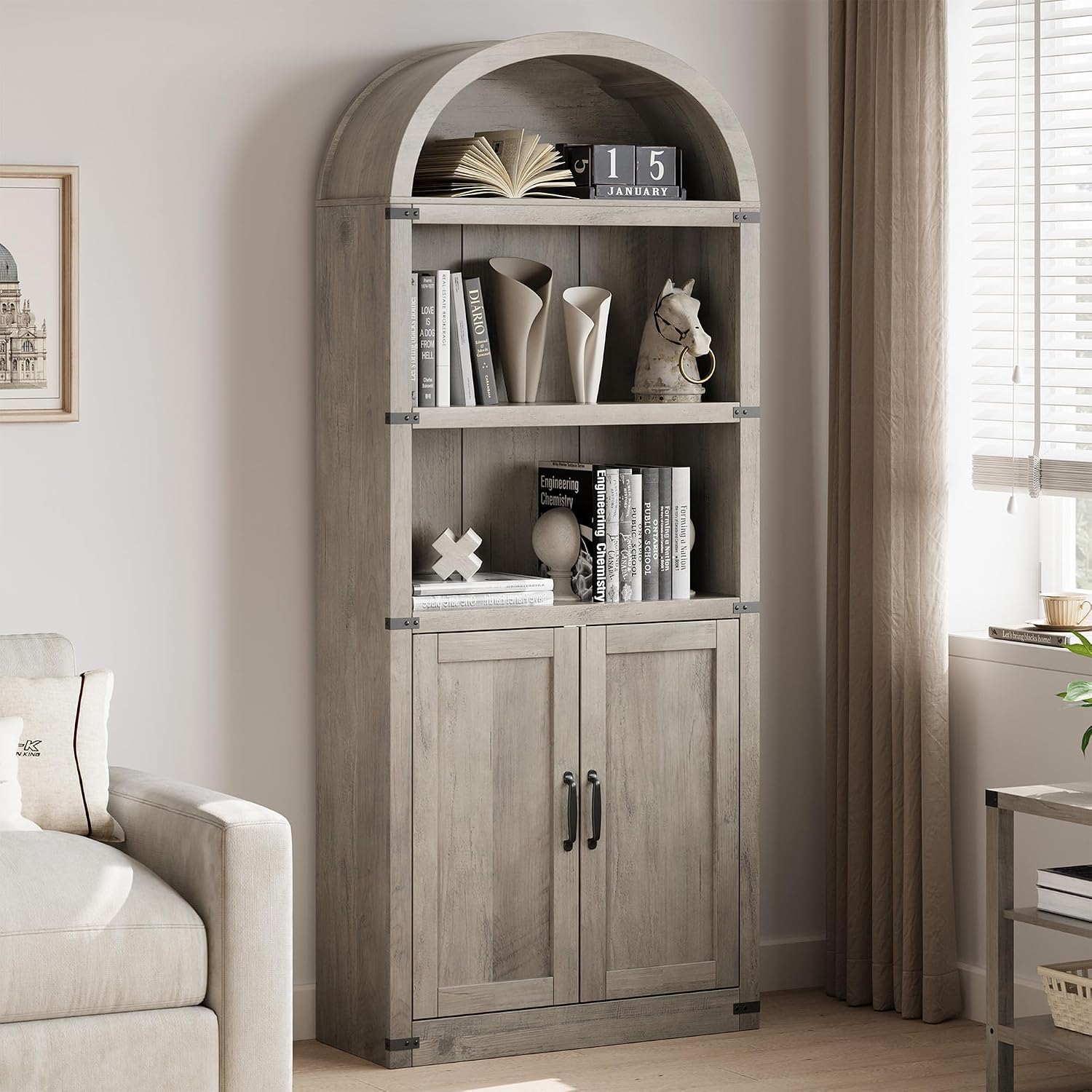 GarveeHome Bookcase with Doors Arched Bookshelf 71.65 in Tall Bookcase Farmhouse Cabinet with Shelves Wooden Bookshelves for Home Office, Living Room (Grey)