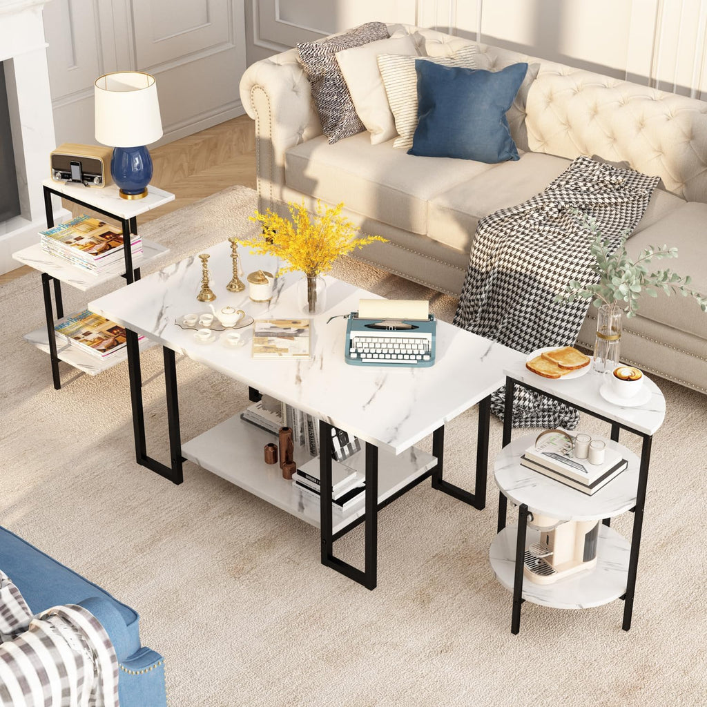 Lamerge Coffee Table Set of 3,Rectangle Coffee Table&2 Accent Table,Faux Marble Tabletop,3 Piece Living Room Table Sets with Multi Tier Storage, for Small Space, Apartment,White & Black