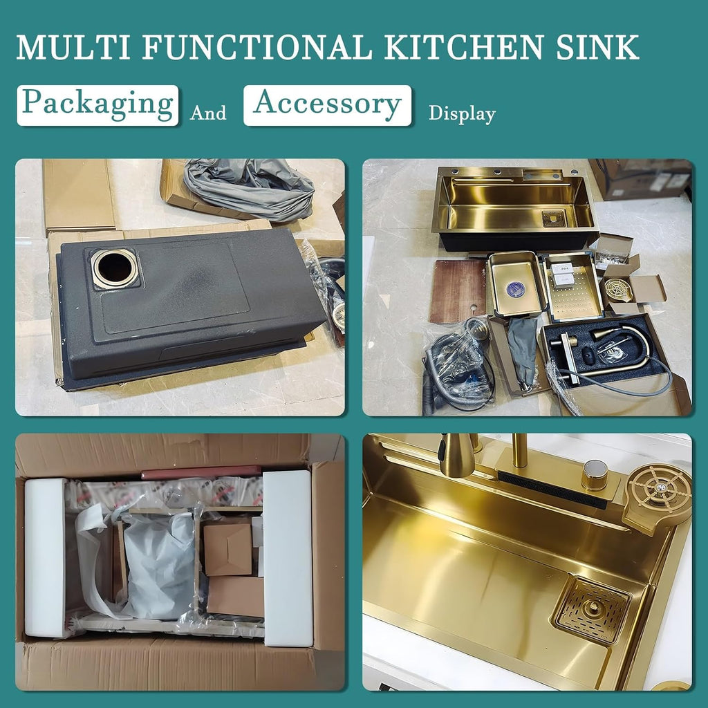 Gold Nano Kitchen Waterfall Sink Set With Multi-Function Pull-Out Faucet Complete Versatile Workstation Bar Prep Sink Bundle Deep Single Bowl Sink Space-saving Sink ( Color : Gold , Size : 68x45cm )