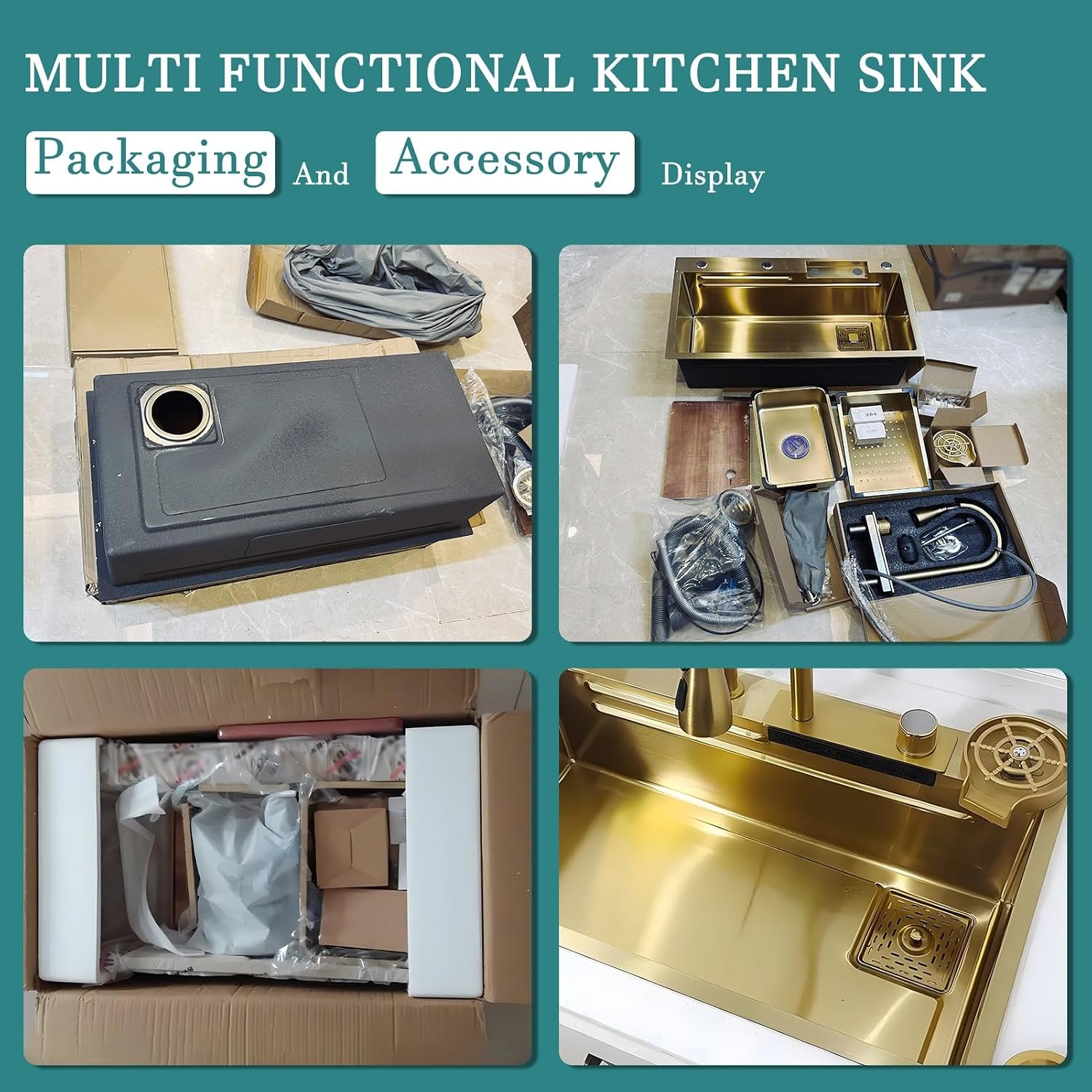 Gold Nano Kitchen Waterfall Sink Set With Multi-Function Pull-Out Faucet Complete Versatile Workstation Bar Prep Sink Bundle Deep Single Bowl Sink Space-saving Sink ( Color : Gold , Size : 68x45cm )