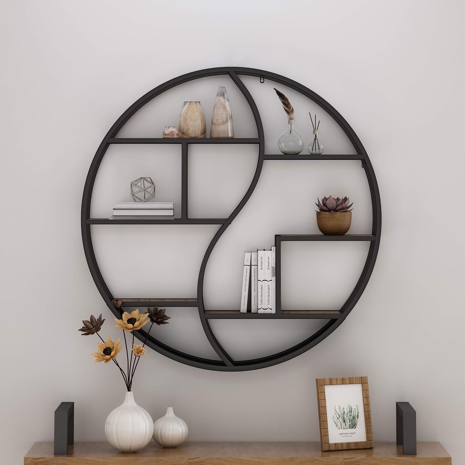 Christopher Knight Home Bobby Industrial Hanging Circular 8 shelves, Wall Shelf, Black Finish, Natural