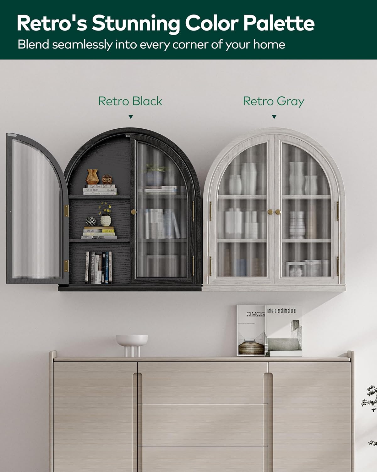 Chogori Solid Wood Arched Bathroom Wall Cabinet, 27x24x9 Inch Over The Toilet Storage Cabinet with Acrylic Doors & 3 Adjustable Shelves, Wall Mounted Cabinet for Bathroom, Kitchen, Laundry Room, Black