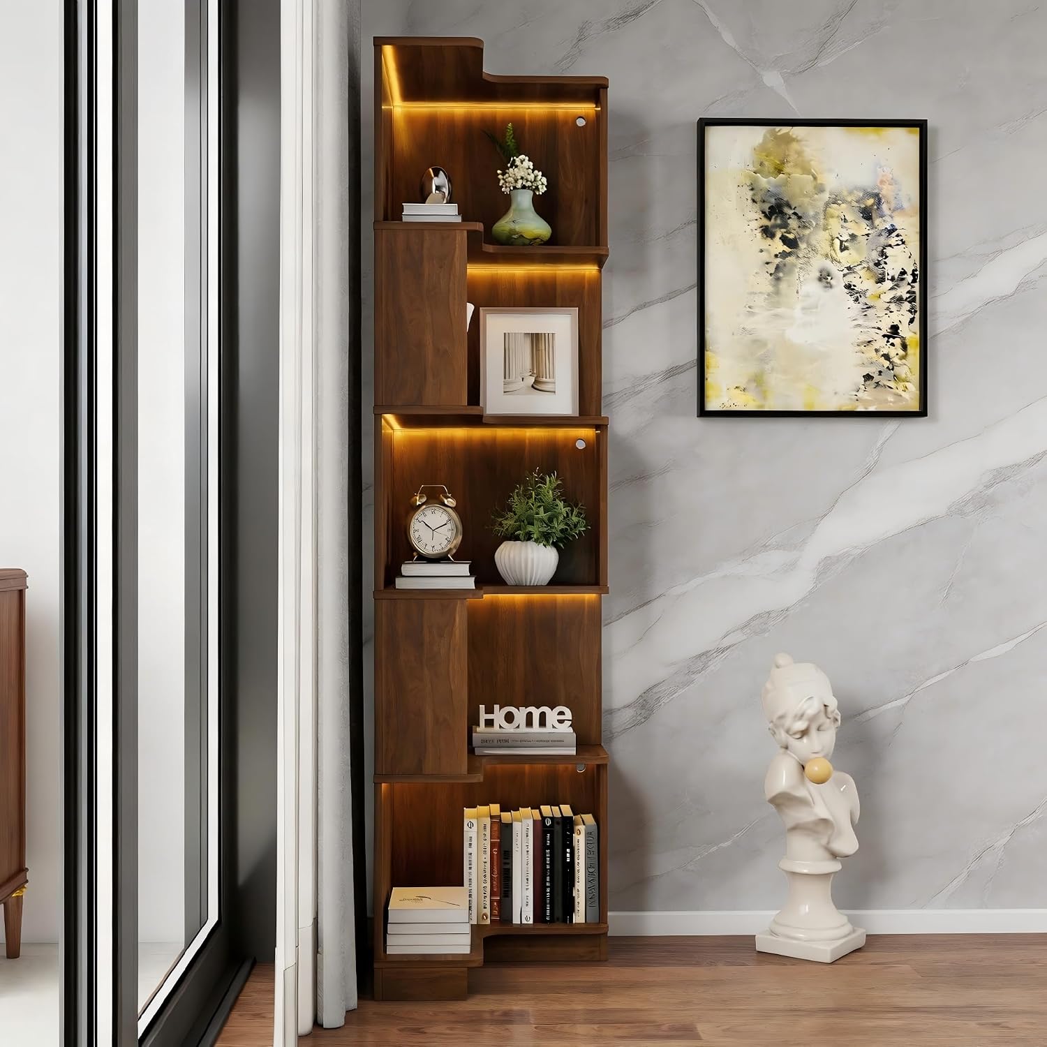 5-Tier Corner Bookshelf, L-Shaped Wood Corner Shelf with LED Lights and Baffle, Farmehouse Bookcase for Home Office Living Room Apartment, Walnut