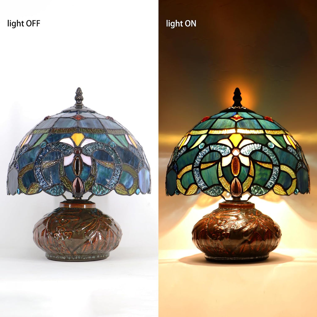 Small Tiffany Table Lamp, 10X10X11 Inch Mini Stained Glass Mushroom Desk Light Memory Sympathy Ceramic lamp (Blue Baroque Style)
