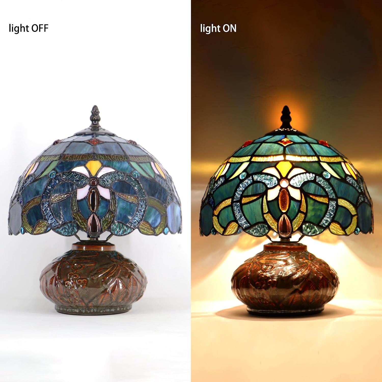 Small Tiffany Table Lamp, 10X10X11 Inch Mini Stained Glass Mushroom Desk Light Memory Sympathy Ceramic lamp (Blue Baroque Style)