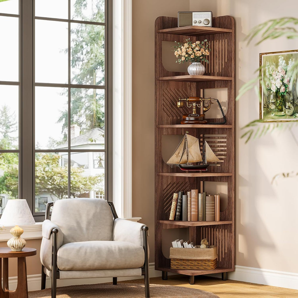 Tribesigns 6-Tier Corner Bookshelf, Tall Narrow Corner Shelf Bookcase with Hollow Design, Farmhouse Skinny Display Shelf for Living Room, Bedroom, Small Space, Brown