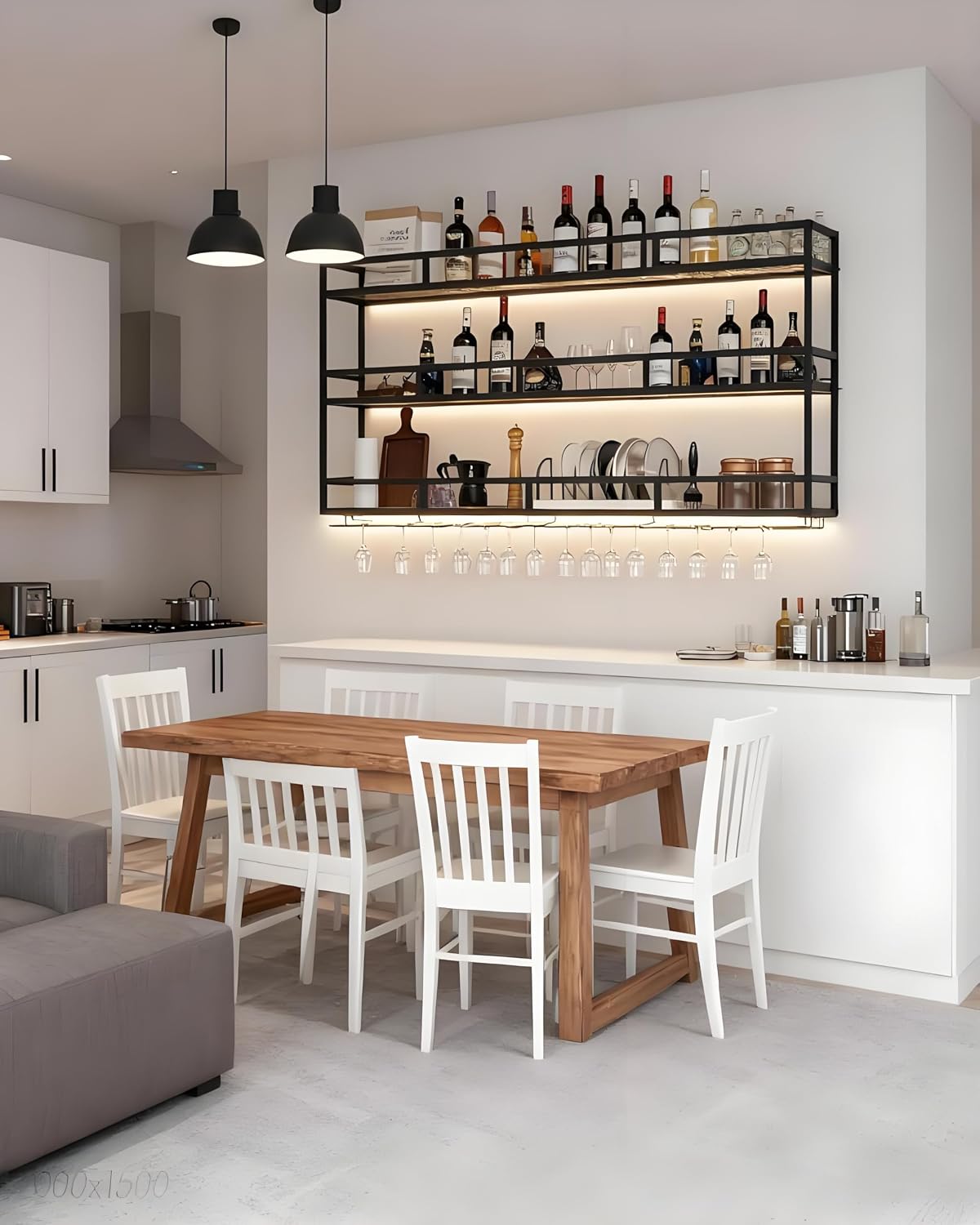 59' Large Wine Rack Wall Mounted with Bottle Glass Holder, 3-Tiers Metal Bar Shelves for Liquor Bottles with LED Light, Wall Wine Rack for Home, Restaurant, Commercial Bar, Kitchen Storage Display