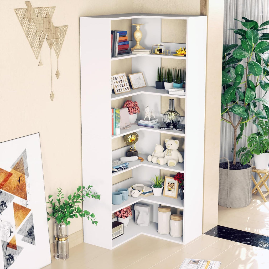 holzart 71' Tall White L-Shaped Corner Bookshelf, 6-Tier Wooden Corner Shelf Stand, Freestanding Display Rack Storage Organizer with Anti-Tip Kit for Living Room, Home Office, 27.6' W x 11' D