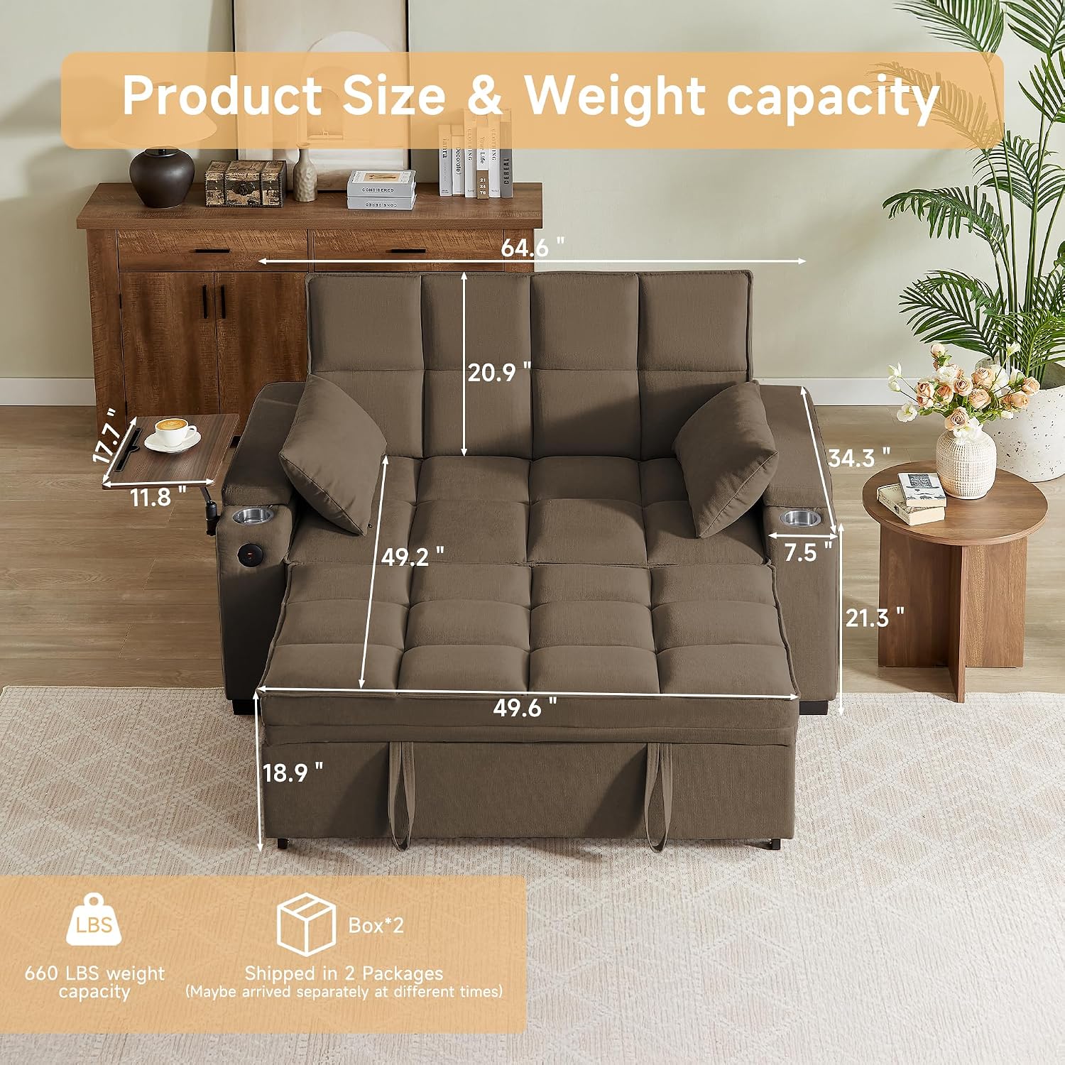 Auvsoce 65'' Chaise Lounge Chair Indoor, 3-in-1 Convertible Sofa Bed with Pull Out Design, 360° Swivel Side Table, Modern Chenille Couch Bed for Living Room