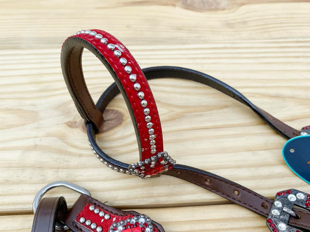 Western Leather Headstall & Breast Collar Set for Horses - Valentine's Day Silver Metallic Cowhide with Rhinestones