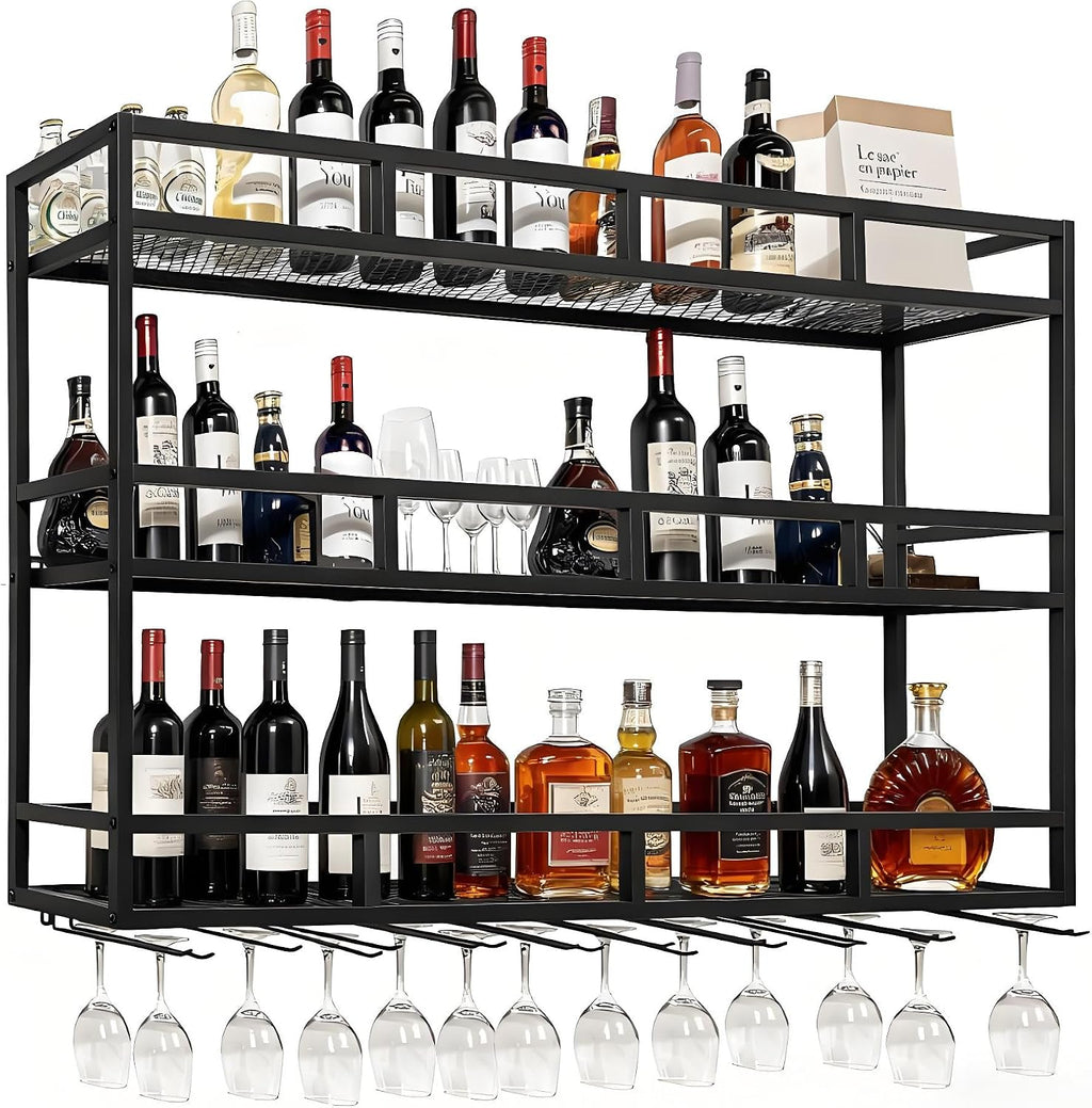 59' Large Wine Rack Wall Mounted with Bottle Glass Holder, 3-Tiers Metal Bar Shelves for Liquor Bottles with LED Light, Wall Wine Rack for Home, Restaurant, Commercial Bar, Kitchen Storage Display