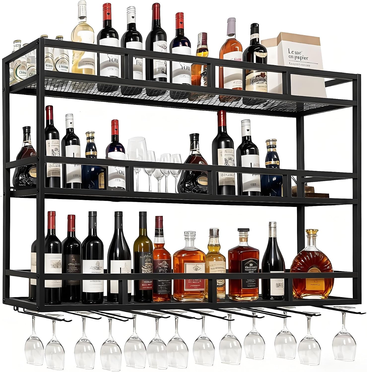 59' Large Wine Rack Wall Mounted with Bottle Glass Holder, 3-Tiers Metal Bar Shelves for Liquor Bottles with LED Light, Wall Wine Rack for Home, Restaurant, Commercial Bar, Kitchen Storage Display