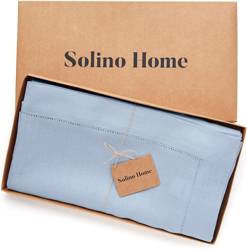 Solino Home Linen Tablecloth 60 x 120 Inch - Classic Hemstitch 100% Pure Linen Sky Blue Table Cloth for Rectangle Tables - Machine Washable Tablecloth for Summer