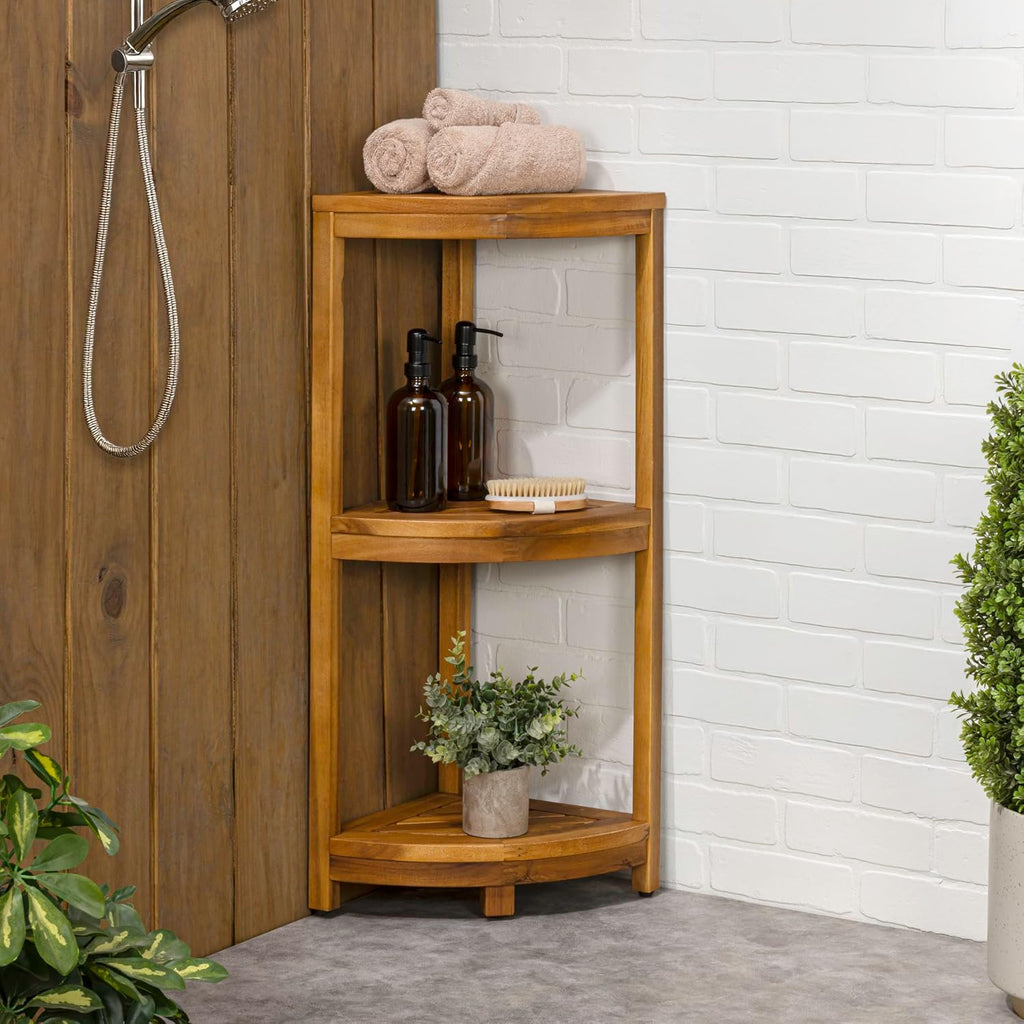 Eyely FHS1000A Etsim 33' Classic Minimalist 3-Tier Acacia Wood Freestanding Bathroom Corner Shelf, Shower Organizer, Storage Rack for Bath, Office, Kitchen Desktop, Natural