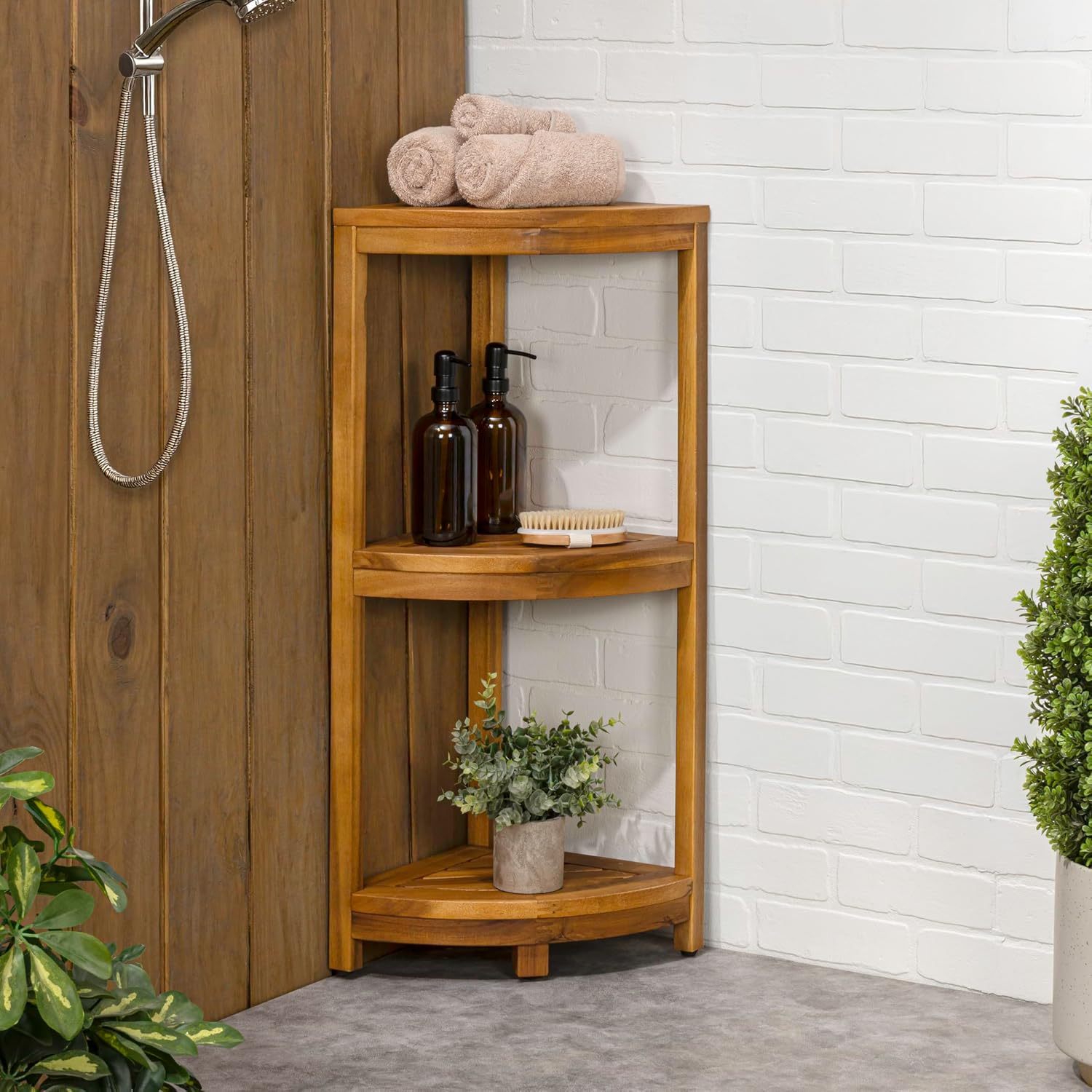 Eyely FHS1000A Etsim 33' Classic Minimalist 3-Tier Acacia Wood Freestanding Bathroom Corner Shelf, Shower Organizer, Storage Rack for Bath, Office, Kitchen Desktop, Natural