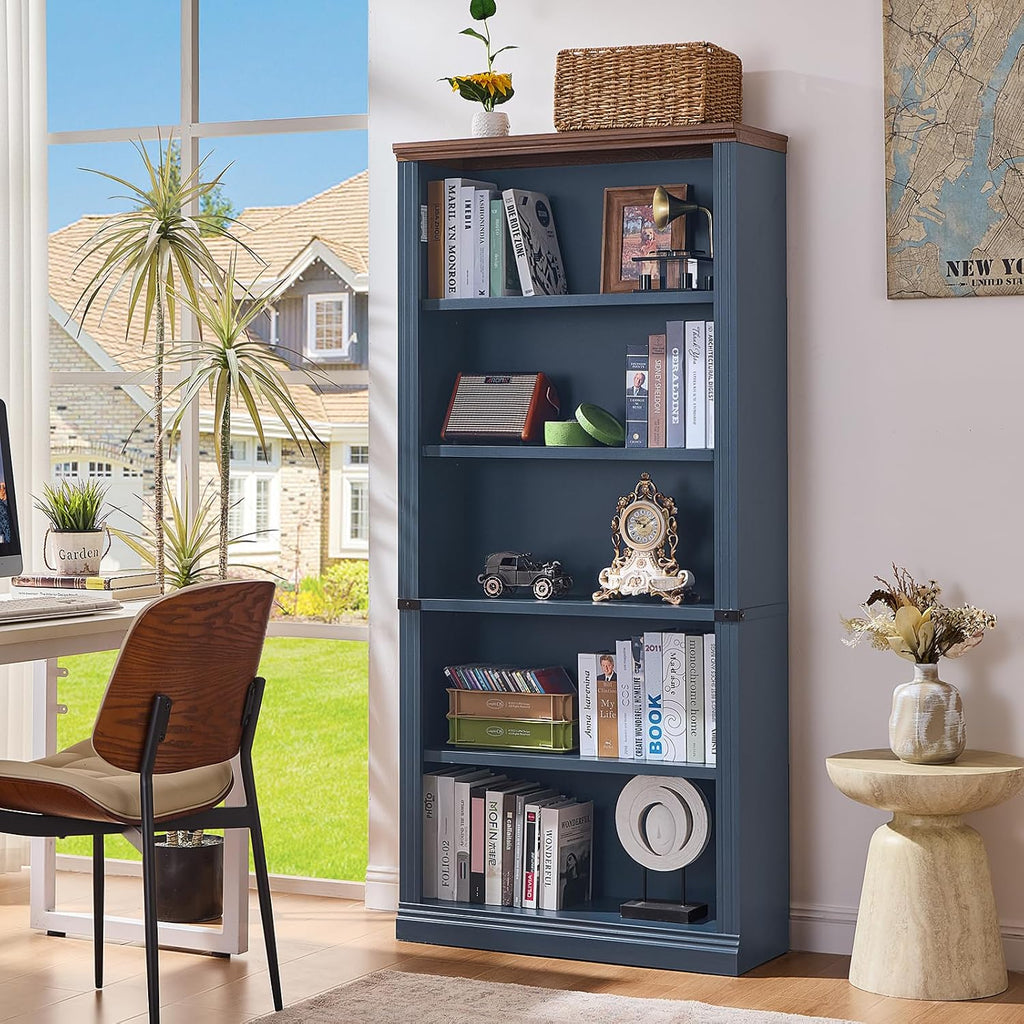 RWYHG 70' Blue Tall Bookshelf,5-Tier Thick Wooden Book Shelf with Adjustable Shelves,Free Standing Farmhouse Bookcase with Open Display Storage,Floor Vintage Bookshelves for Living Room,Office