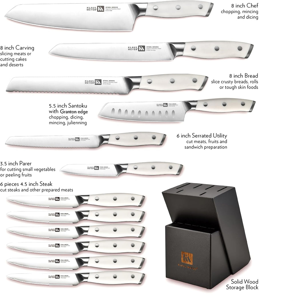 Klaus Meyer Stahl High Carbon Exclusive German Steel 13 Piece Knife Block Set (White)