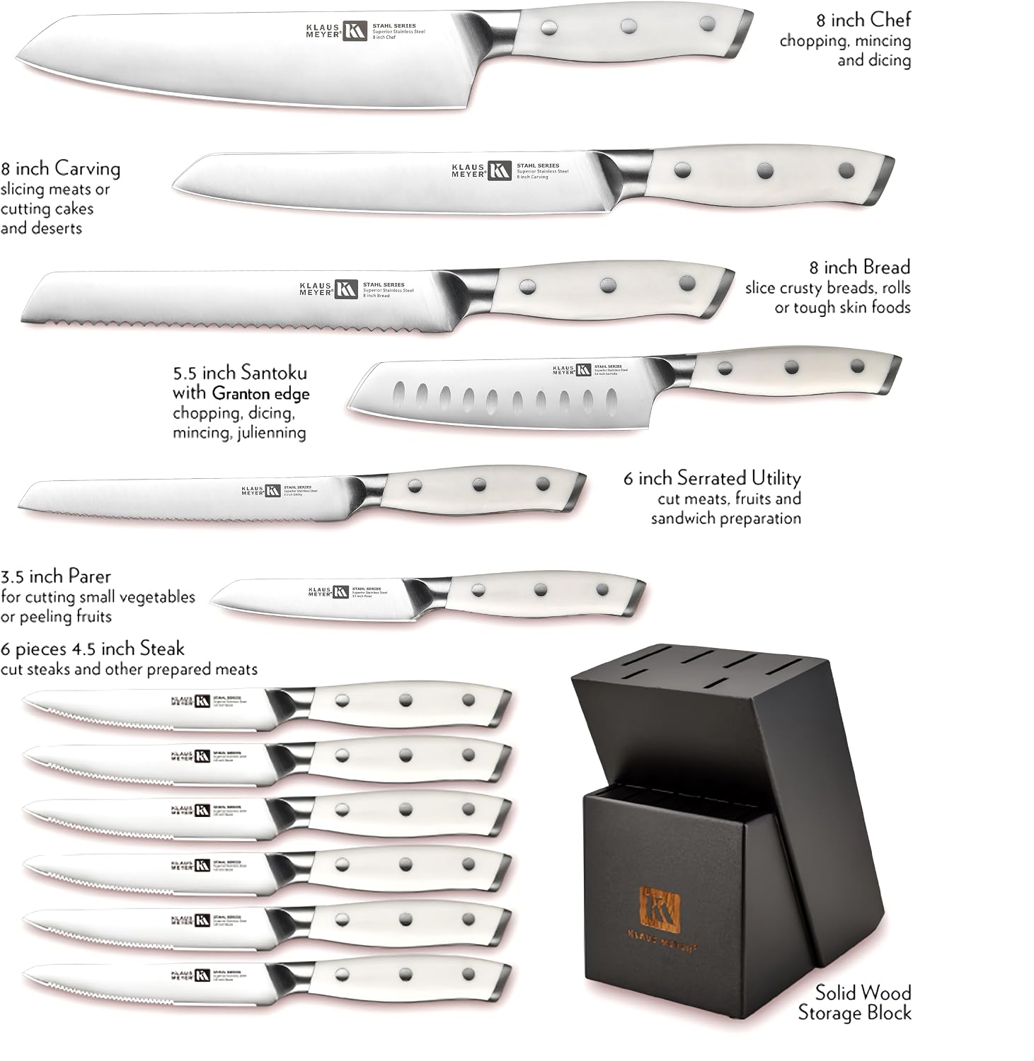 Klaus Meyer Stahl High Carbon Exclusive German Steel 13 Piece Knife Block Set (White)