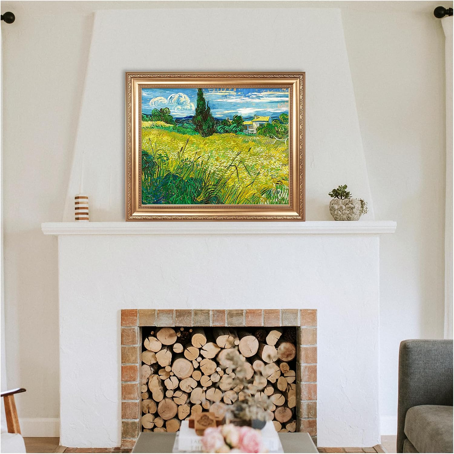 Green Wheat Field with Cypress by Vincent Van Gogh Framed Size:30x36 inches,Image Size:24x30 inches,Golden Frame The World Classic Art Reproductions,Wall Art for Home Decor