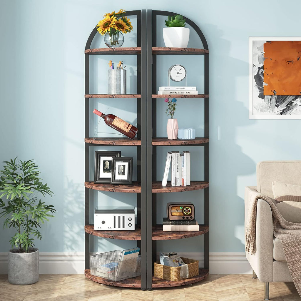 LITTLE TREE 6-Tier Corner Shelf Stand, Freestanding Corner Bookshelf with Adjustable Feet, Rustic Brown Storage Rack for Living Room, Kitchen, Bedroom, Office