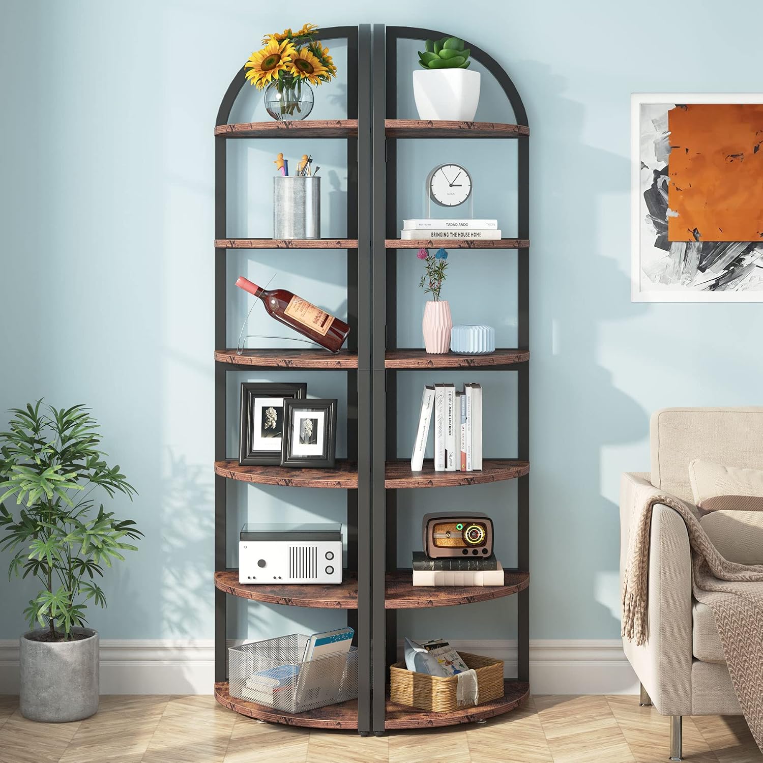LITTLE TREE 6-Tier Corner Shelf Stand, Freestanding Corner Bookshelf with Adjustable Feet, Rustic Brown Storage Rack for Living Room, Kitchen, Bedroom, Office