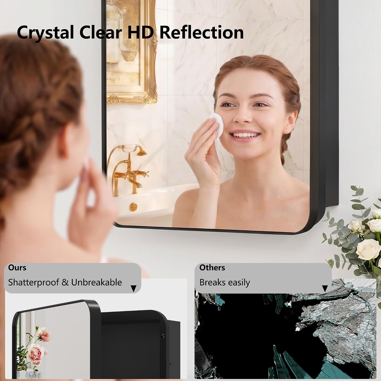 Bathroom Medicine Cabinet with 16'x26' Stainless Steel Framed Mirror,Recessed or Surface Mounted Bathroom Mirror Cabinet,Storage Cabinet for Bathrooms, Guest Rooms, Apartments, Farmhouse Decor