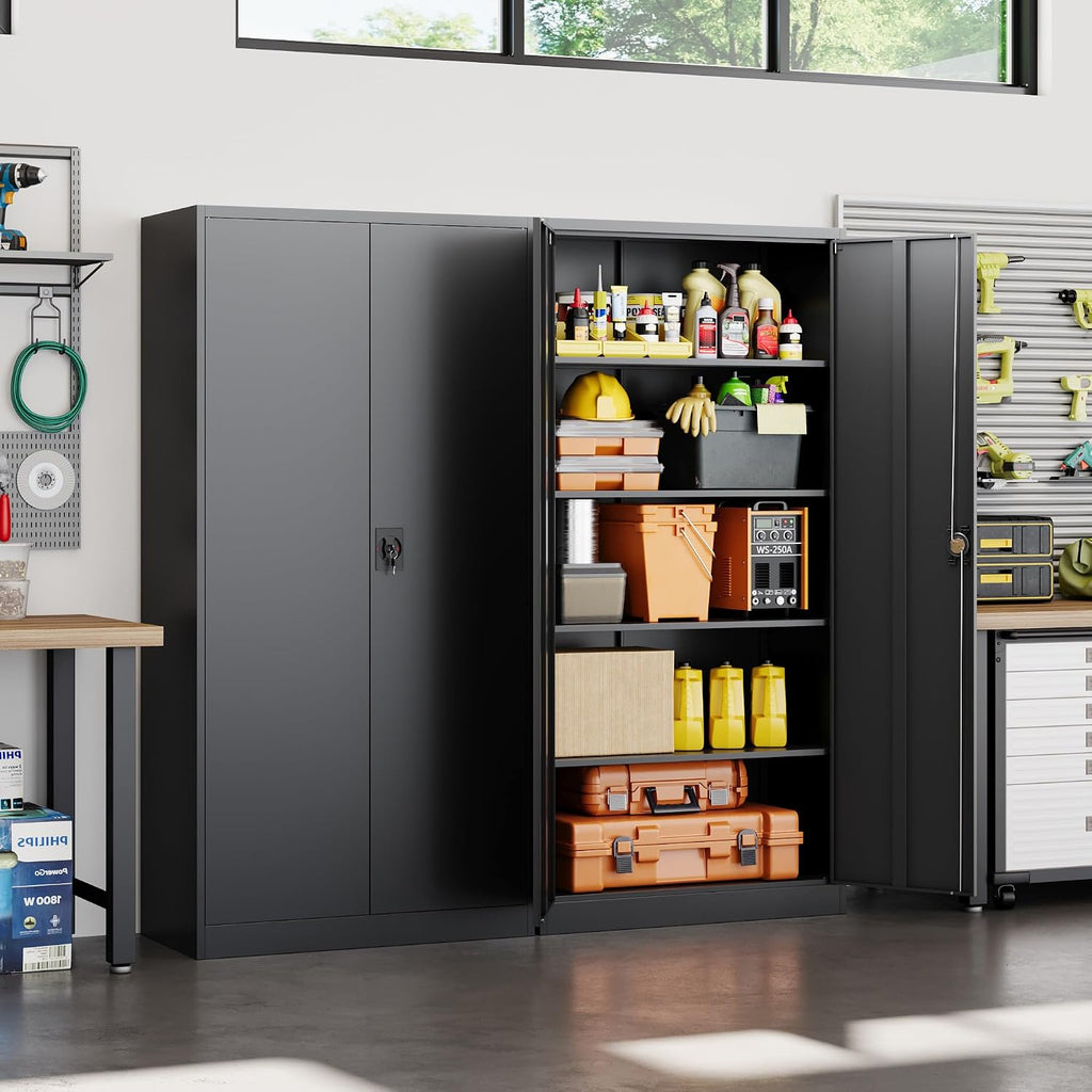 Yizosh Metal Garage Storage Cabinet with Lock, 71' Locking Tool Cabinet with 2 Doors and 4 Shelves, Tall Steel Cabinet for Garage, Heavy Duty File Cabinet for Office, School (Black)