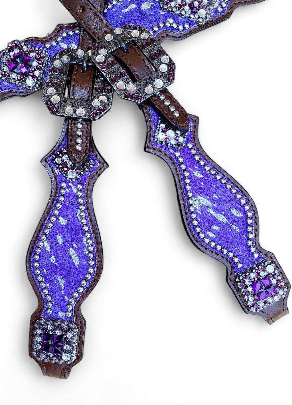 Western Leather Headstall & Breast Collar Set for Horses - Valentine's Day Silver Metallic Cowhide with Rhinestones