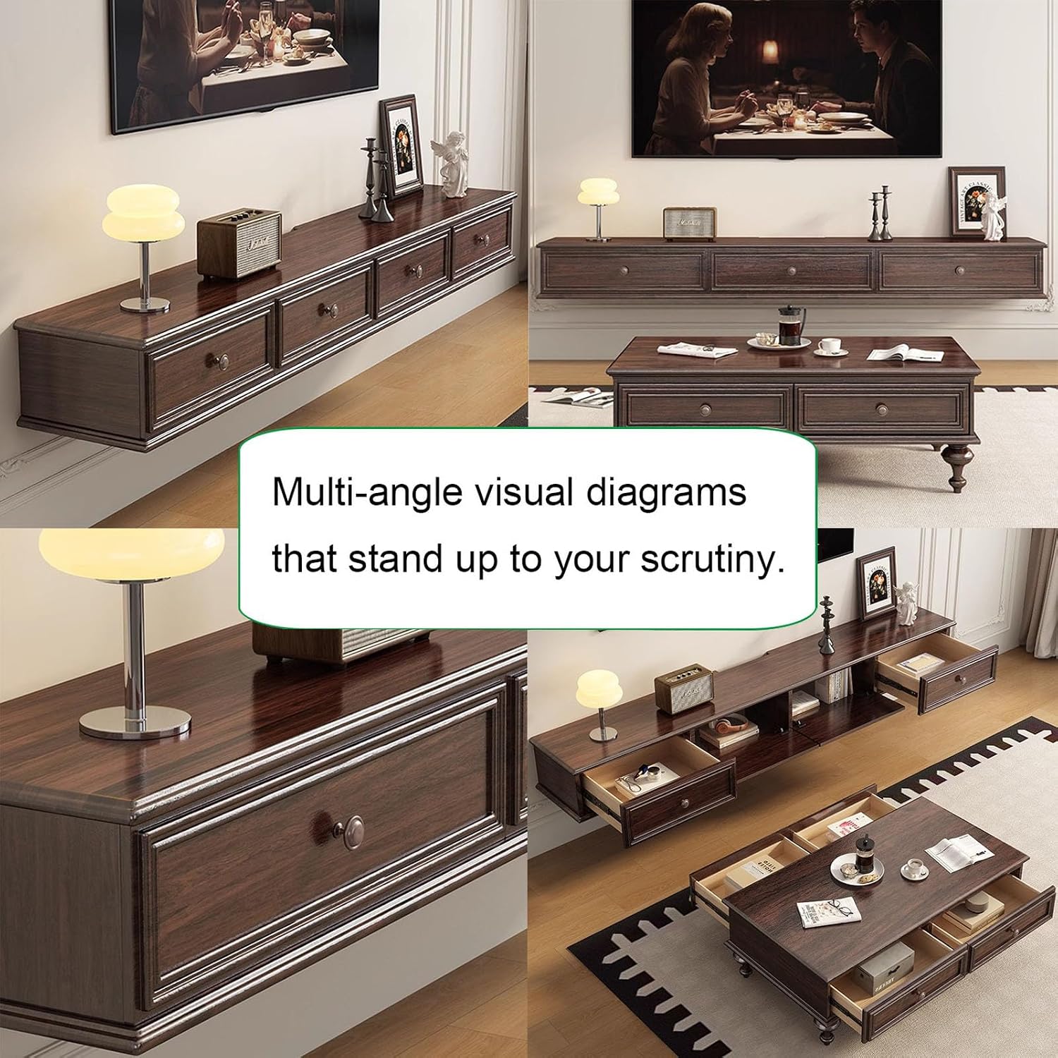 Floating TV Stand Large Floating TV Shelves Wall Mounted Multi Storage Compartment TV Media Console Floating TV Cabinet Bench Under TV Large Storage (Walnut D, 55.1 * 7.9 * 9.4 in)