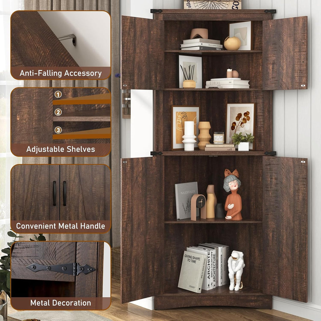Hlivelood 68' Tall Farmhouse Corner Cabinet, 5-Tier Large Storage Cabinet with 4 Barn Doors & Adjustable Shelves, Bathroom Cabinets with Storage for Living Room, Kitchen, Bathroom, Brown