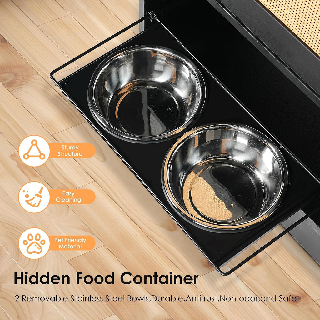 Dog Food Storage Cabinet with Feeding Station, 2 Elevated Stainless Steel Bowls & Side Hooks, Hidden Pet Feeder Organizer with Anti-Tip Design, Black Vintage