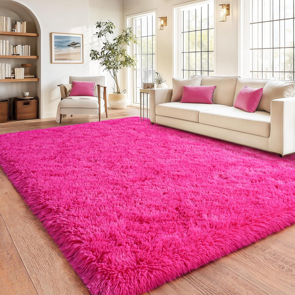 Extra Large 9x12 Feet Fuzzy Rug Hot Pink Fluffy Rug for Living Room, Big Plush Non-Skid Shag Carpet, Soft Shaggy Rugs for Bedroom Indoor Modern Home Decor