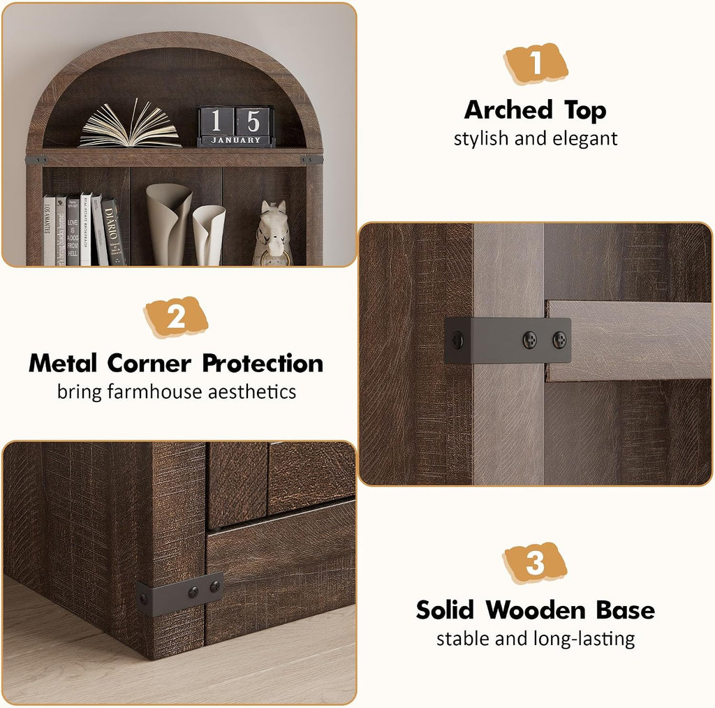 GarveeHome Bookcase with Doors Arched Bookshelf 71.65in Tall Bookcase Farmhouse Cabinet with Shelves Wooden Bookshelves for Home Office, Living Room (Reddish-Brown)