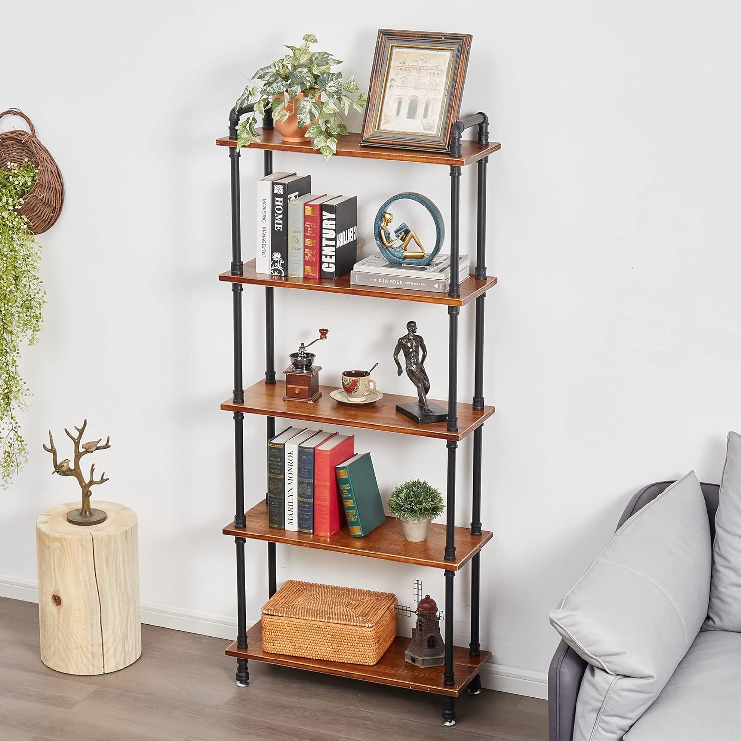 Industrial Bookshelf, Rustic Open Bookcase, 5 Tier Wood and Metal Bookshelf, Solid Pine Wood and Iron Pipe Tall Narrow Storage Shelf for Living Room Bedroom Office Kitchen