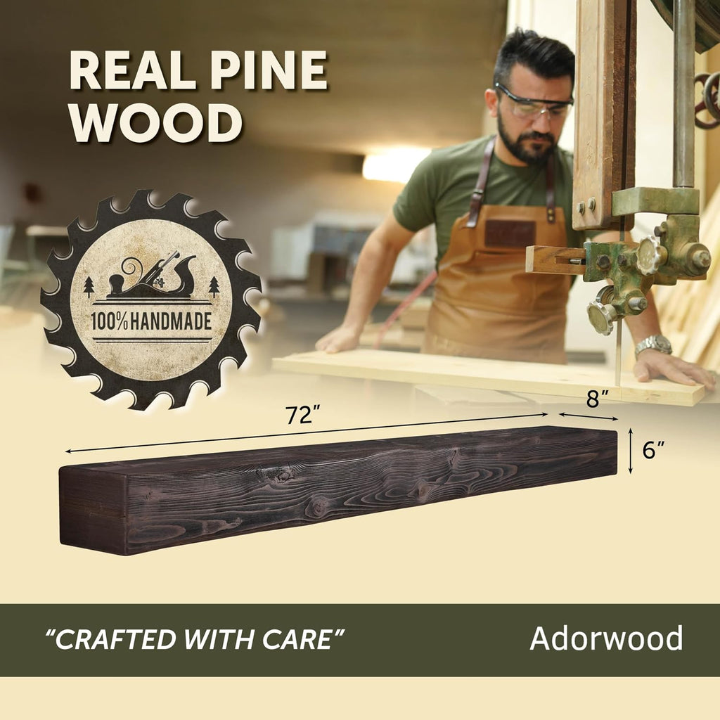 Handmade Fireplace Mantel Shelf 72', Extra Wide Rustic Wood Mantles for Over Fireplace, Wall Mounted Floating Mantel Shelves for Living Room Decor (Dark Walnut, 72Lx6Hx8D)
