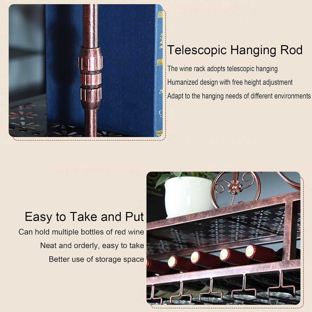 Hanging Metal Wine Rack Bar Shelves Liquor Bottle Display Shelf Wall Mounted with Wine Glass Storage Holder Rack for Liquor Bottles Floating Bar Kitchen Shelves for Home Bar Dining Room(Copper,60cm(23