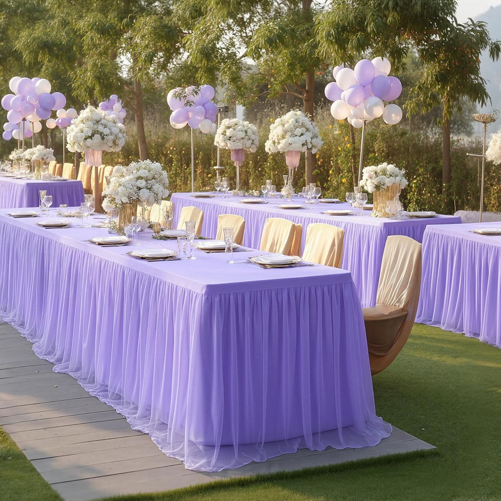 6 Pack Lavender Tulle Tablecloths with Skirt for 6 Foot Rectangle Tables Party Ruffle Tutu Tablecloth 6FT Stretch Fitted Table Cover for Wedding Reception Birthday Baby Shower Celebration Banquet
