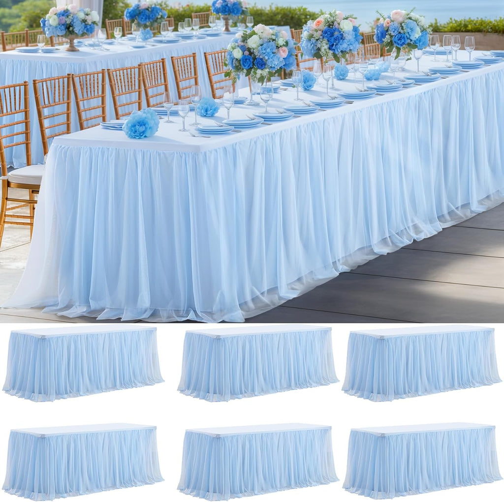 Baby Blue Tulle Tablecloth Table Skirt for 6 Foot Rectangle Tables with Ruffle Tutu Design for Wedding Reception Party Birthday, 6 Pack, 6ft Fitted Spandex Table Cover