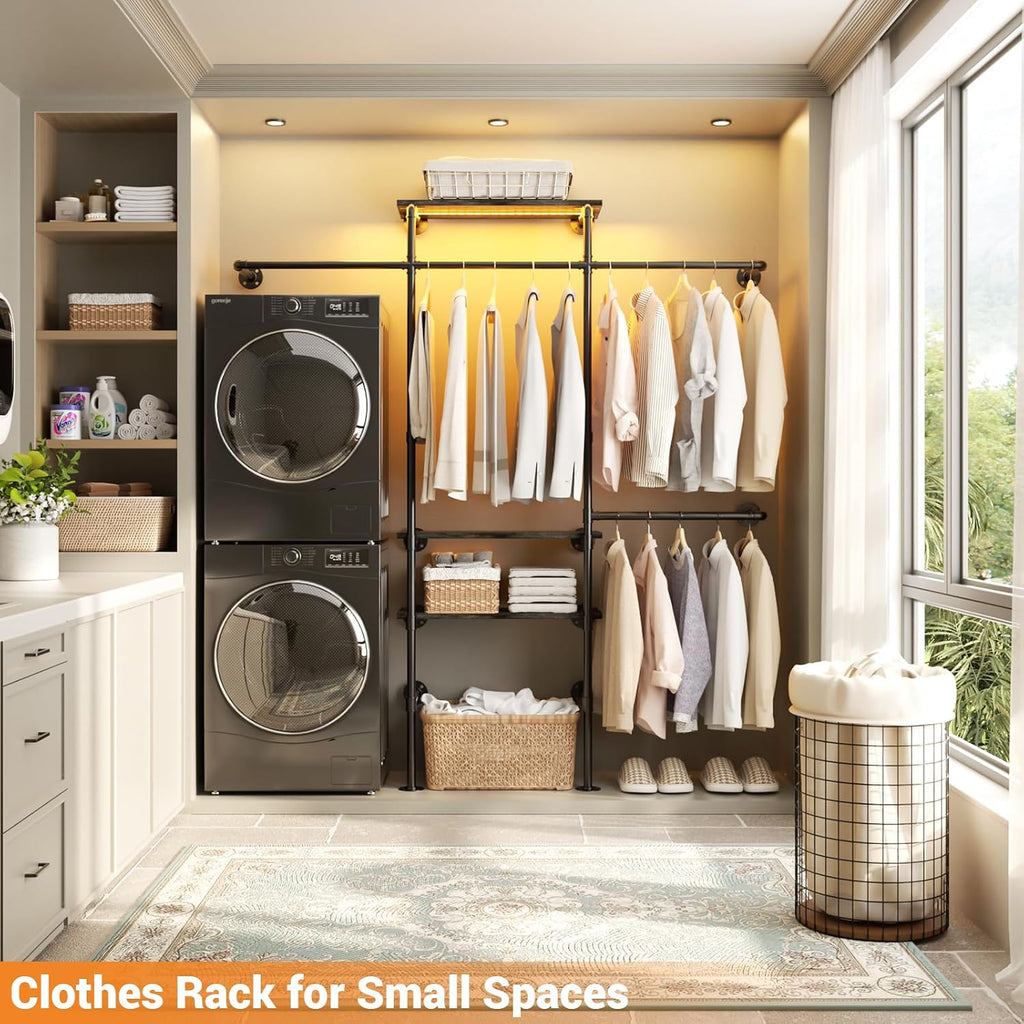 Cyclysio Industrial Pipe Clothing Rack, Reversible 7.25FT Wall Mounted Clothes Rack, Heavy Duty Garment Racks Closet Wardrobe with LED Lights& Shelves, Walk-in Closet System, Grey