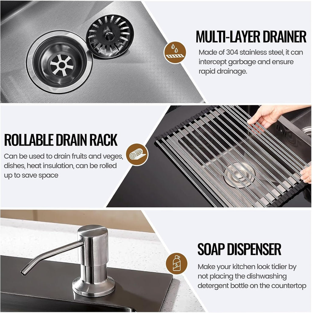 Stainless Steel Kitchen Sink, Small Single Bowl Sink, Topmount Compact Bar/Utility Sink With Tap Hole, Overflow & Drainer Kit, For Bar, Pub, RV, Campervan, Basement, Outdoor Use(Black,55x45cm)