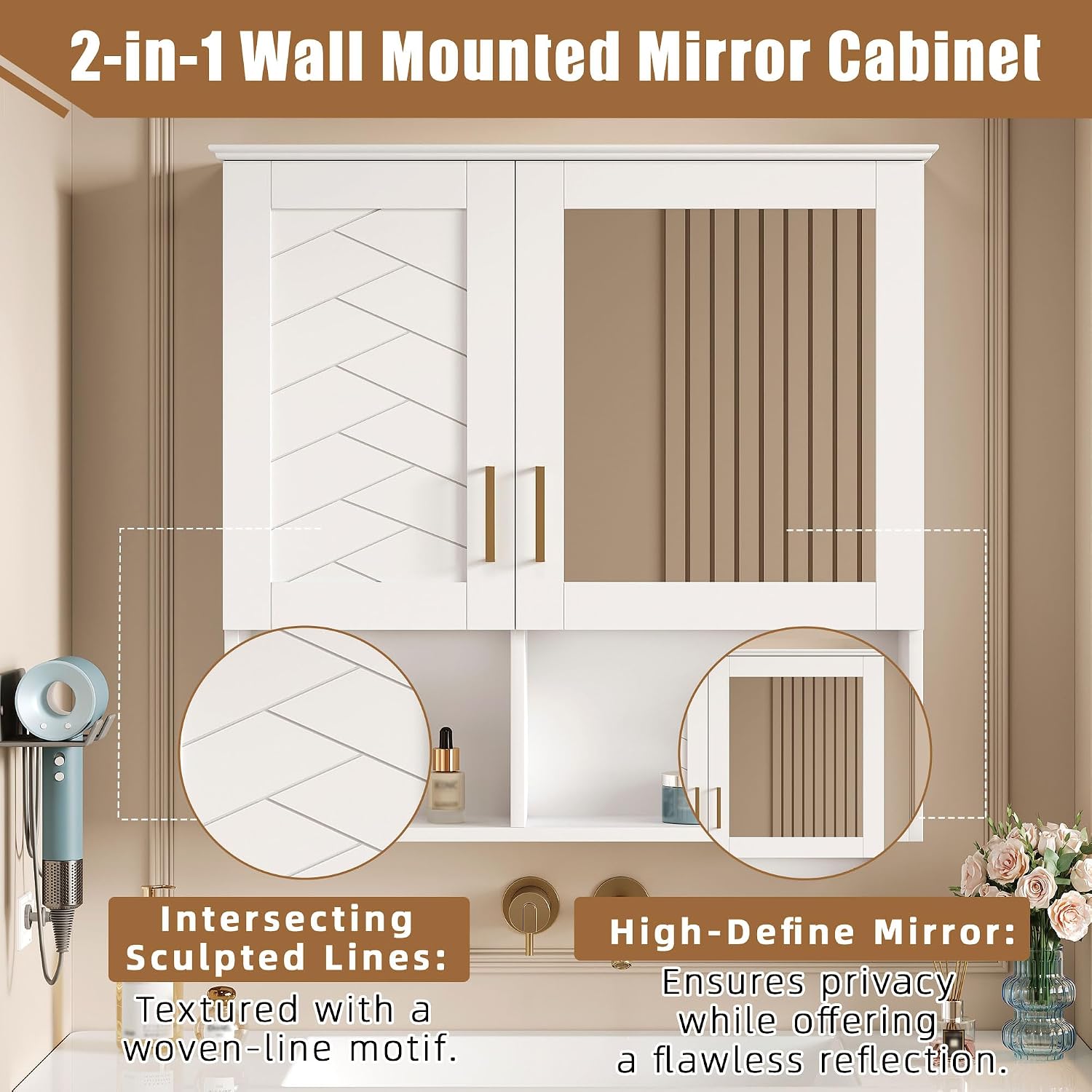 Merax 2-in-1 Bathroom Mirror Cabinet, 30 inch Wall Mounted Medicine Cabinet with Adjustable Shelves & Soft Close Doors, High-Define Mirror with Storage for Bathroom Vanity, White