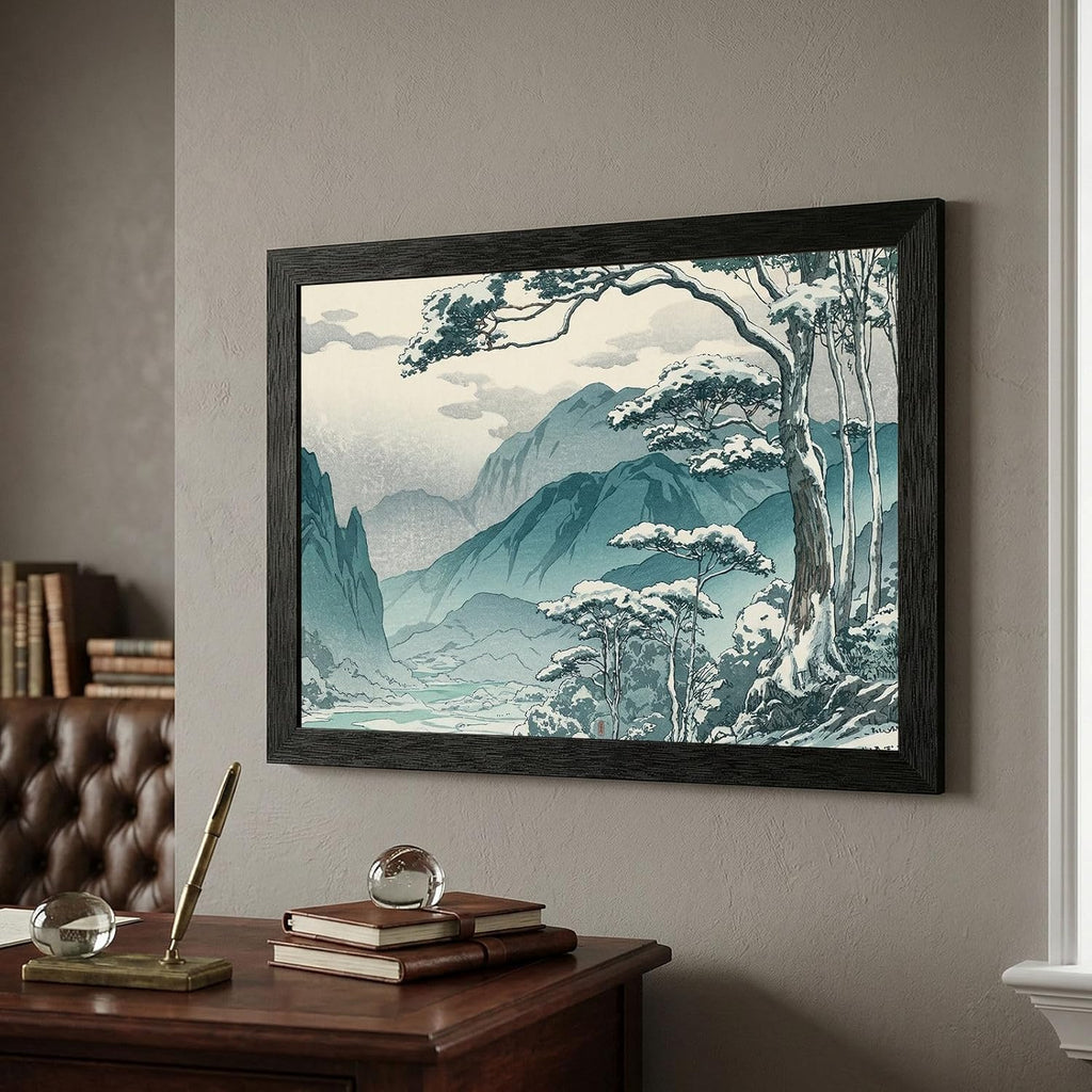 Framed Wall Art - Winter Mountain Pass Landscape in Black Frame - Japanese Woodblock Style Snowy Nature Print - Ready to Hang Home Decor - 24x36 Inch