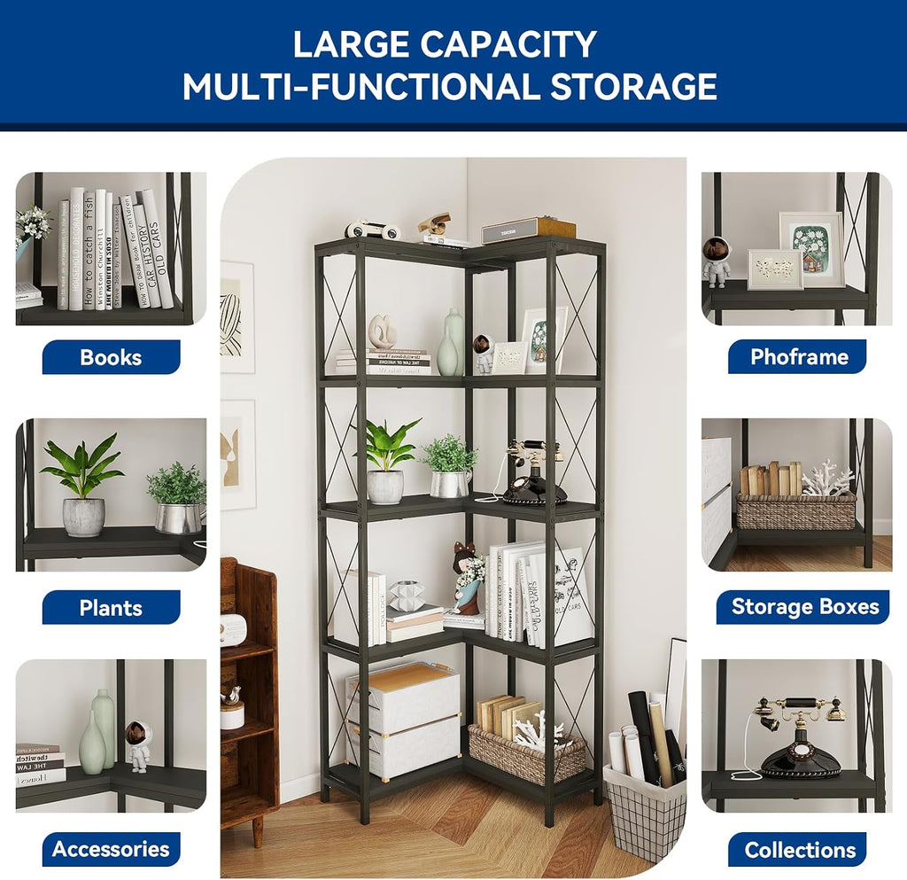 Corner Bookshelf, 5 Tier Industrial Style Design Corner Shelf with Metal Frame and Open Shelves for Living Room, Bedroom, Study, Black