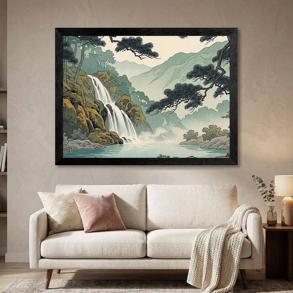 Framed Japanese Woodblock Style Waterfall Wall Art - Mist Forest Landscape in Premium Black Frame - Ready to Hang Nature Decor for Home and Office - 24x36 Inch