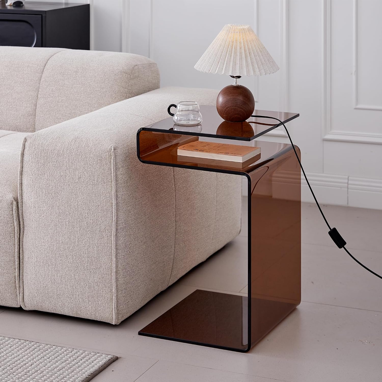 Glass Nightstand End Table, Amber Color S-Shape Bedside Tables, Modern Small Side Table for Living Room, Sofa Nightstand (Brown S-Shape)