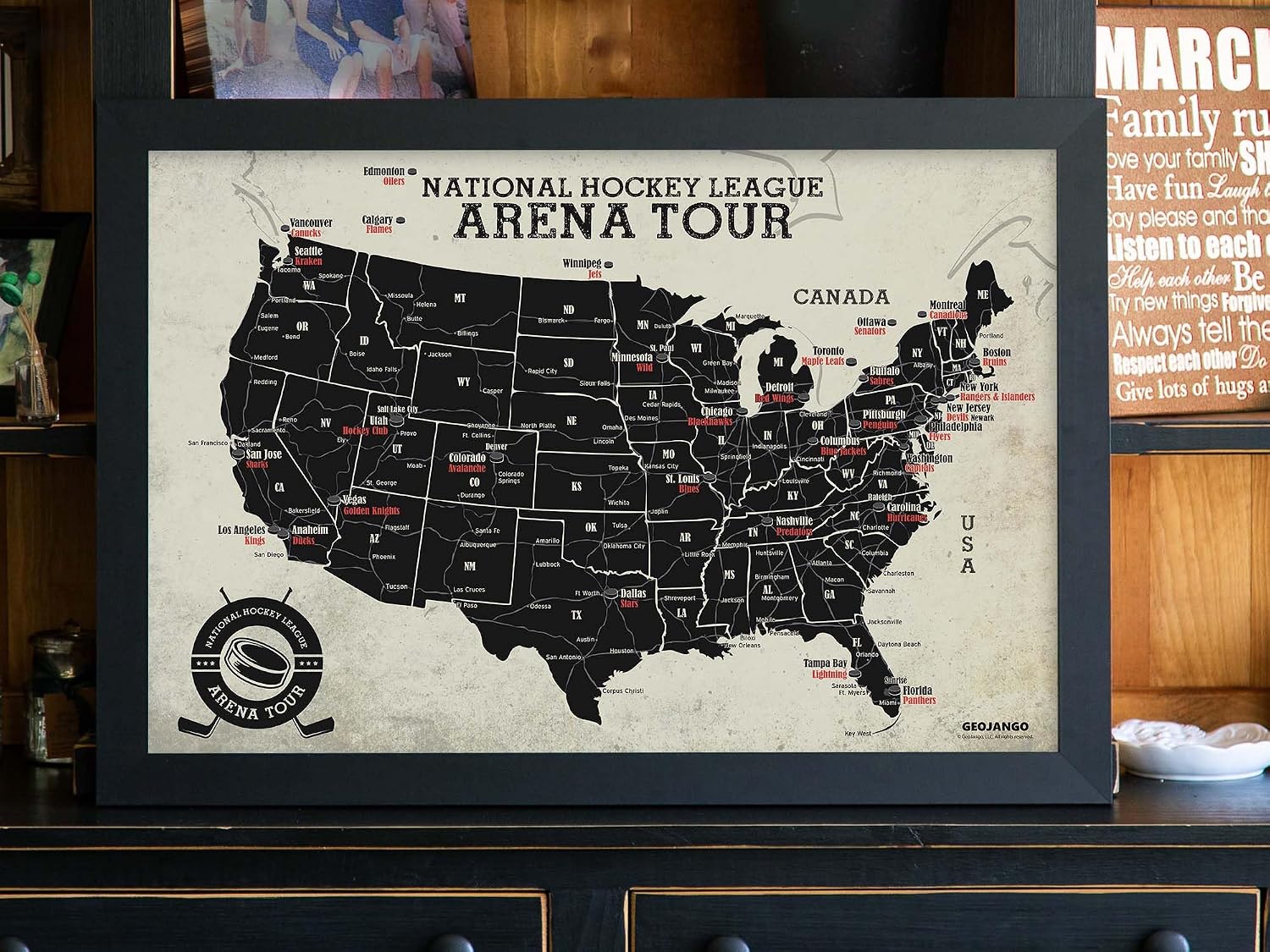 Framed Hockey Arena Map - Features All Professional Hockey Teams & Arenas - Track your Sports Travels - Includes 35 Red Push Pins